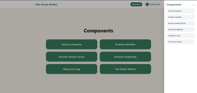 Screenshot of the Side Hustle Builder components menu: Talents & Passions, Problem Identifier, Business Model Canvas and more.
